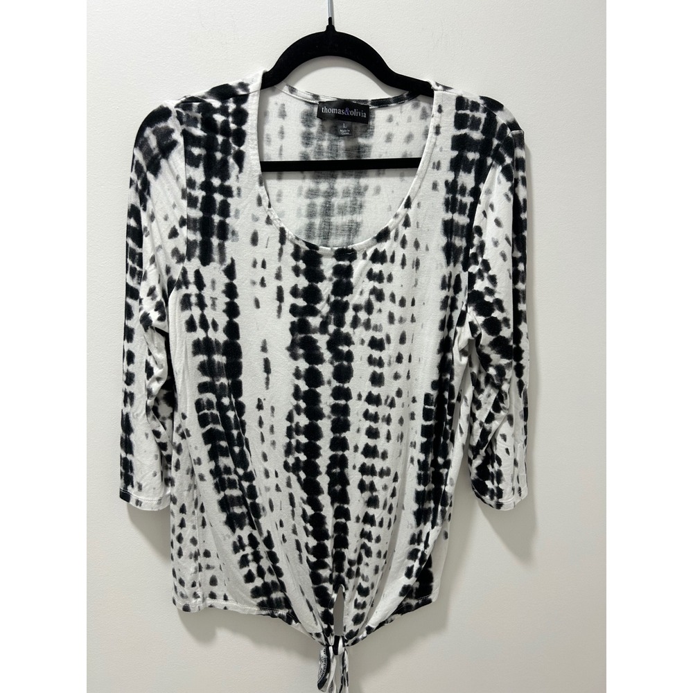 Thomas & Olivia Tie Dye Front Tie Top Black White Size L Scoop Neck Long Sleeve